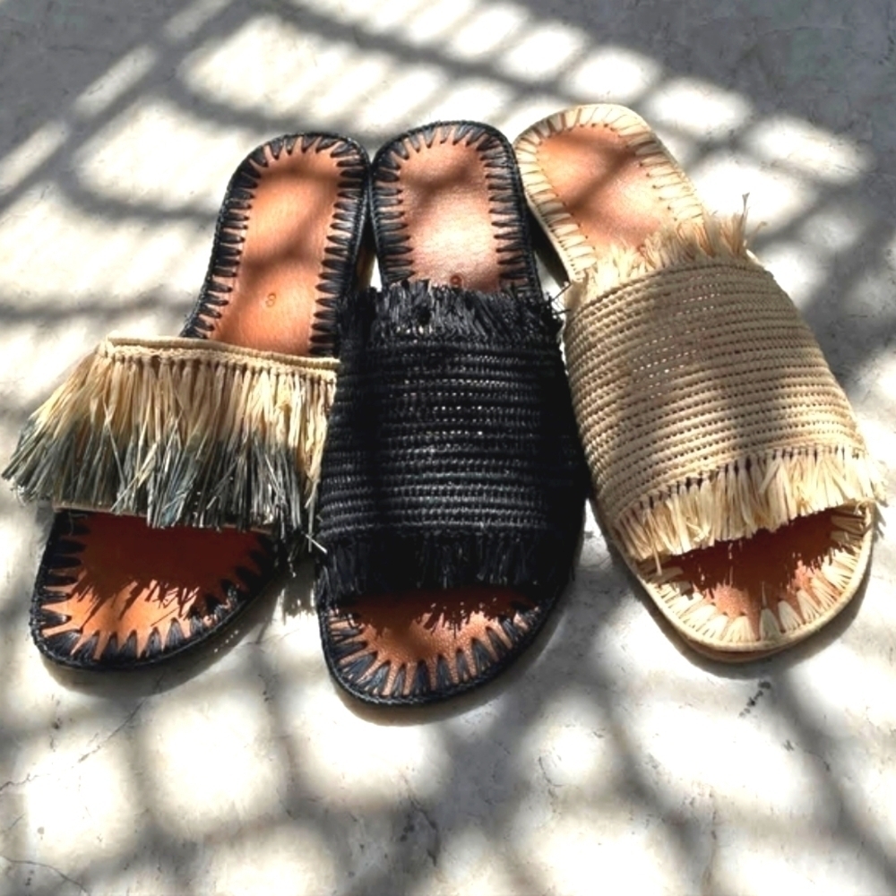 NWOT Ramla Raffia Sandals Black and Tan